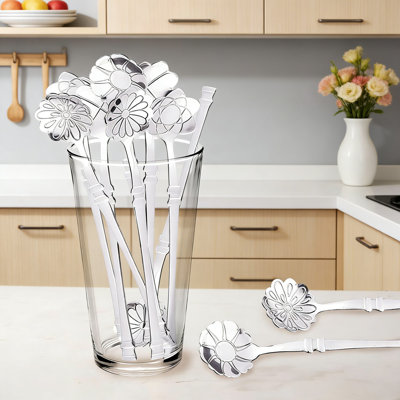 Ensemble de 10 cuillères en acier inoxydable à motif floral 10 pièces, cuillère à café et dessert créatives avec poignée en bambou pour mélanger, servir et offrir