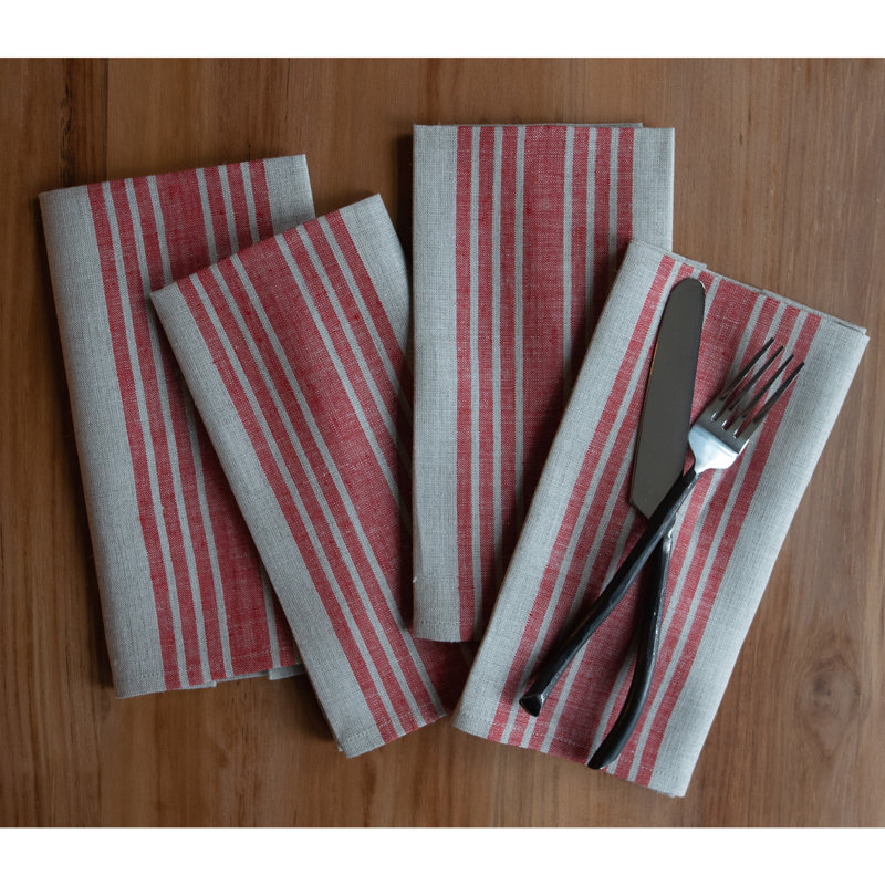 Farmhouse - 100% Pure Linen Dinner Napkins, Red and Natural