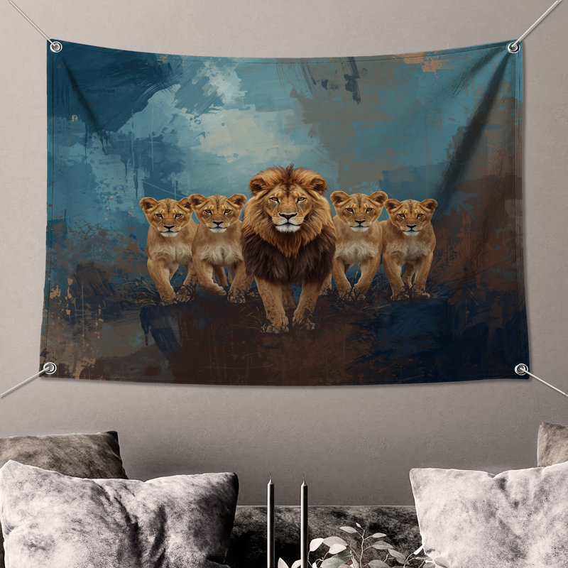 Tapisserie murale lion avec lionceaux - décoration murale lion, 50in H x60in W with 4 Grommets