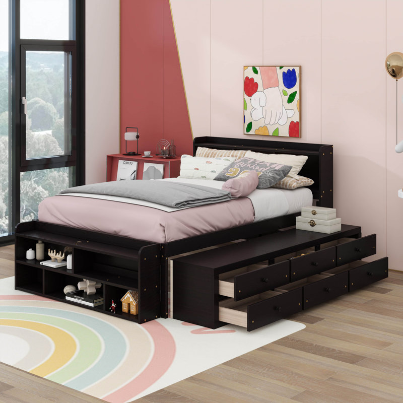 Full Bed With Bookcase Headboard, Drawers And Bed End Storage Case, Espresso