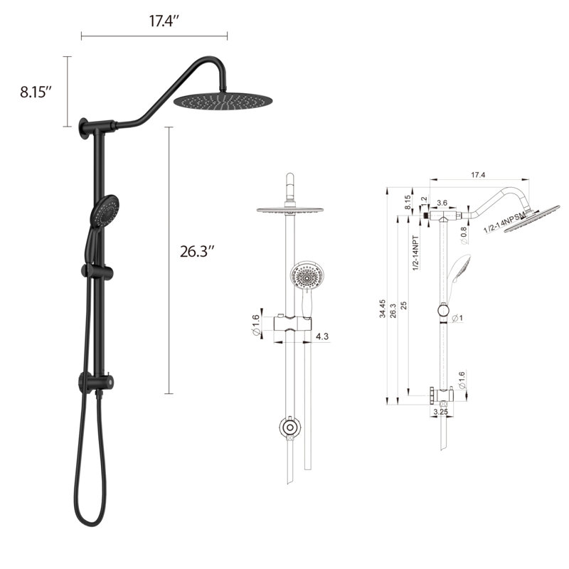 Système de douche 10 pouces avec pomme de douche à main 5 fonctions et barre coulissante 26,3 po