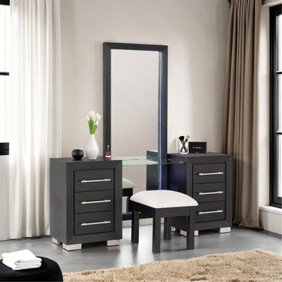 Contemporary Style 1Pc Vanity W/ Stool Metal Legs USB Port Ball Bearing Glides Glass Top Full Length Mirror Bedroom Furniture