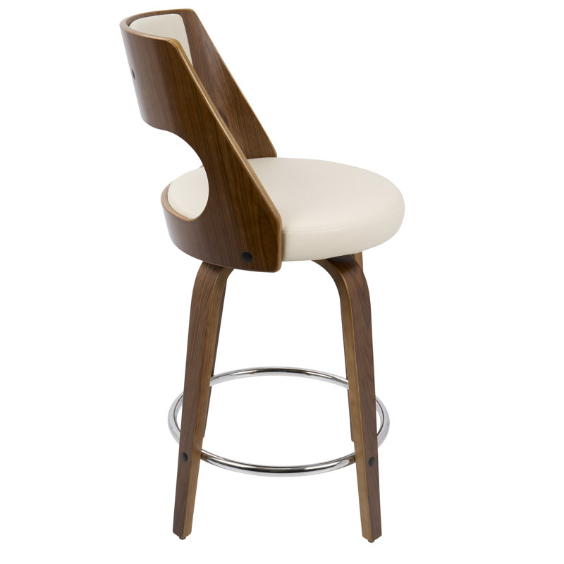 Betuel Swivel Upholstered Counter Stool with Solid Wood Frame, Cream Faux Leather/Walnut Frame, Bar Stool (29.5" Seat Height)