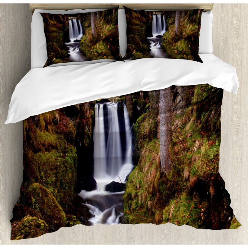 Green Forest Waterfall Queen Duvet Cover Set with Pillow Shams