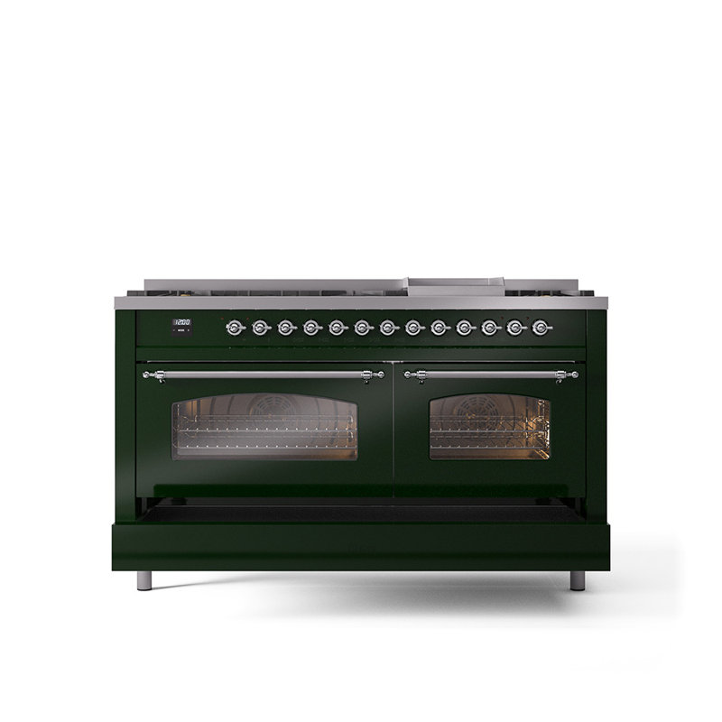 ILVE Nostalgie II 60 Dual Fuel Range, 9 Burners, Griddle, Liquid Propane, Emerald Green/Chrome