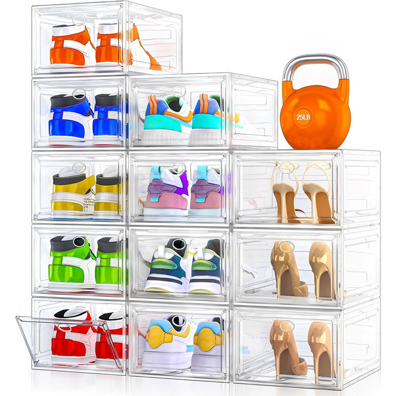 Boîtes de rangement à chaussures empilables avec portes magnétiques, organisateur de chaussures en plastique transparent pour baskets, bottes et talons, rangement gain de place pour placard, blanc