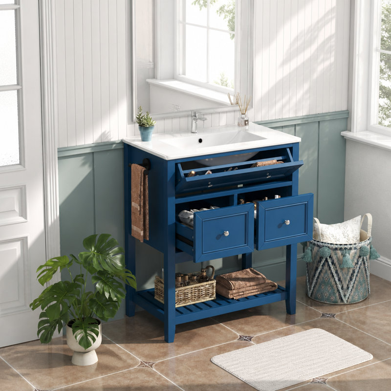 Meuble-lavabo de 76 cm avec lavabo en céramique – Meuble de rangement autoportant avec tiroir basculant, 2 tiroirs et tablette ouverte à lattes, porte-serviettes latéral réversible, poignées argentées, MDF
