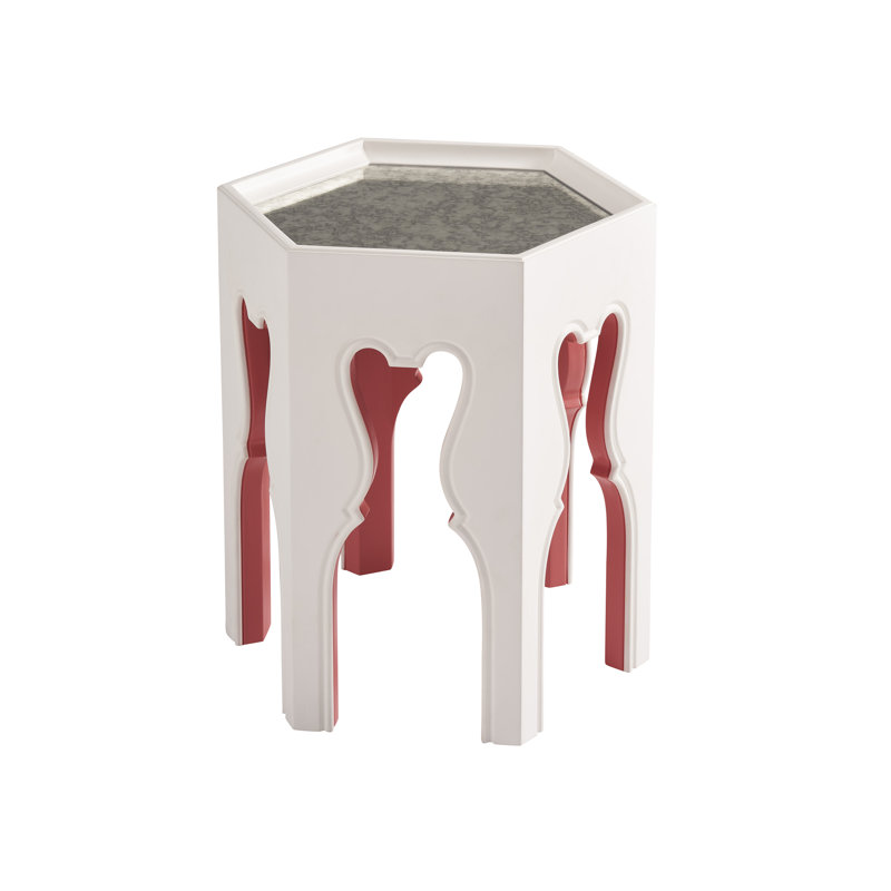 Hexagonal White and Coral Mirrored Glass End Table