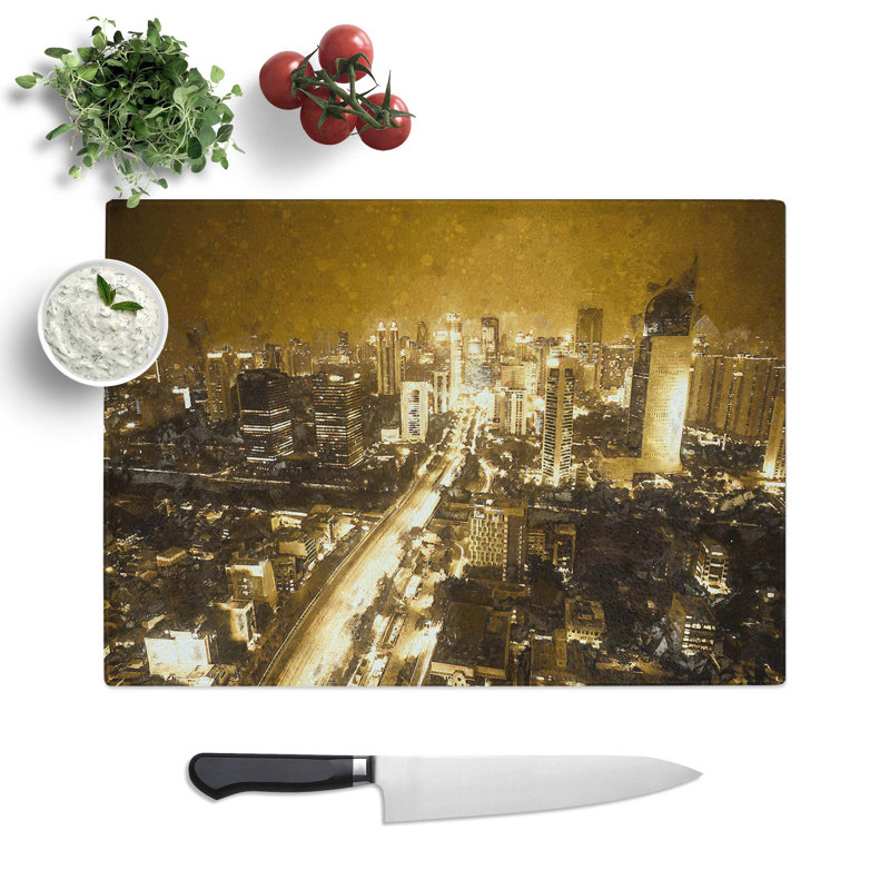 Glass Golden Jakarta Skyline in Abstract Chopping Board, 28.5 cm W x 20 cm L