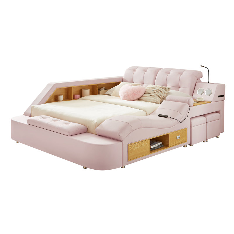 Enhance Your Space With A King Size Multifunctional Upholstered Storage Bed Frame Featuring A Right-side Massage Chaise Lounge