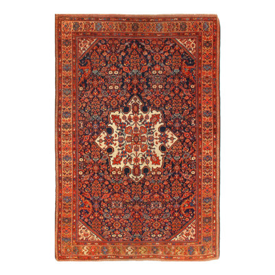 Oriental Handmade Rectangle 4'4" x 6'6" Wool/Cotton Area Rug in Red/Cream/Black