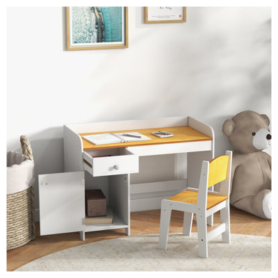 Ensemble de bureau et de chaise pour enfants avec tiroir de rangement, table d'étude en MDF blanc et siège pour chambre à coucher ou salle de jeux Qaba