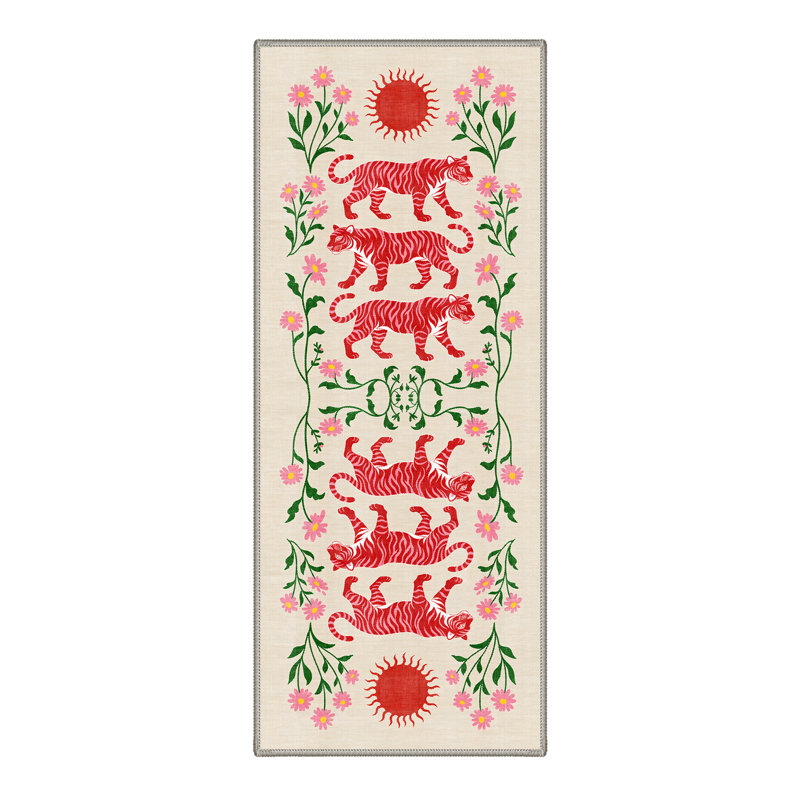 Abraham Tigris Floral Machine Washable Beige / Red Indoor Area Rug with Non-Slip Backing, Runner 2'3" x 6'