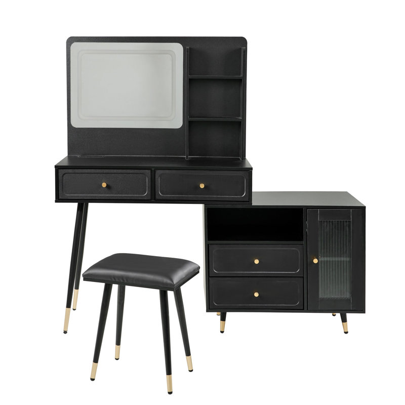 Modern Makeup Vanity Desk with Mirror and Lights, Compact Makeup Table Set, Black