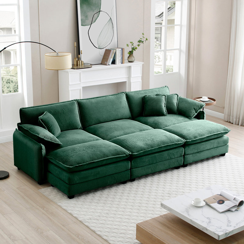 Versatile Oversized Cushioned Sofa With Multiple Ottomans For Various Uses, Green