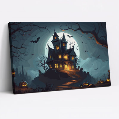 Spooky Haunted Mansion With Glowing Windows And Halloween Canvas Wall Art