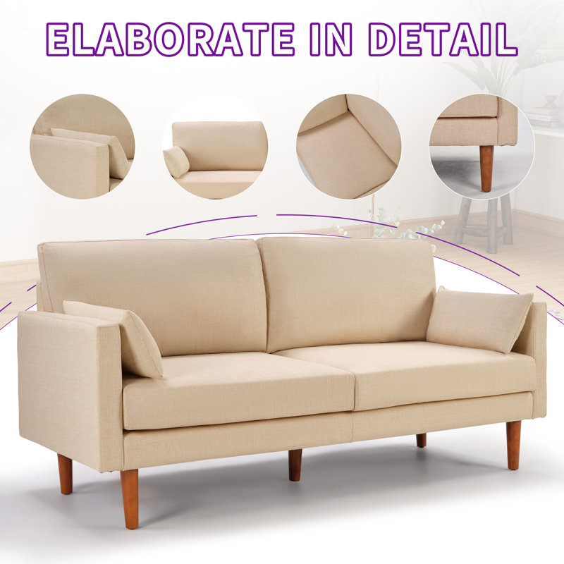 72.84'' Wide Modern Upholstered Fabric Square Arm 3-Seater Sofa Couch with 2 Pillows and Solid Wood Legs for Contemporary Living Rooms