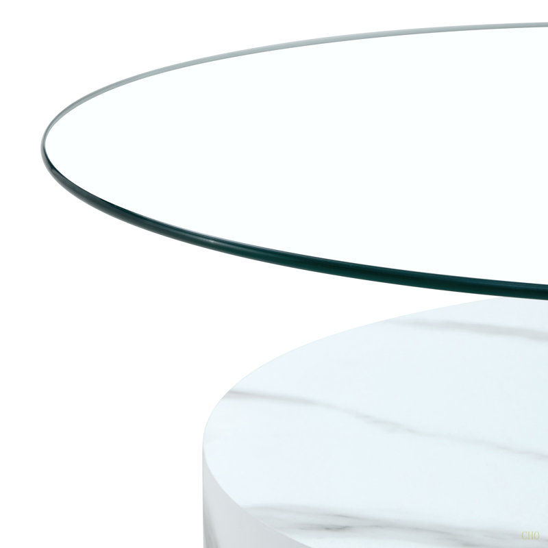Table basse moderne à double couche à motif marbré moderne - Design polyvalent, plusieurs couleurs disponibles. Autocollant de panneau de densité, verre renforcé, comptoir ovale.