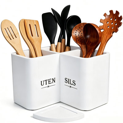 Utensils Holder with 3 Compartments,Corner Utensil Caddy for Countertop,white