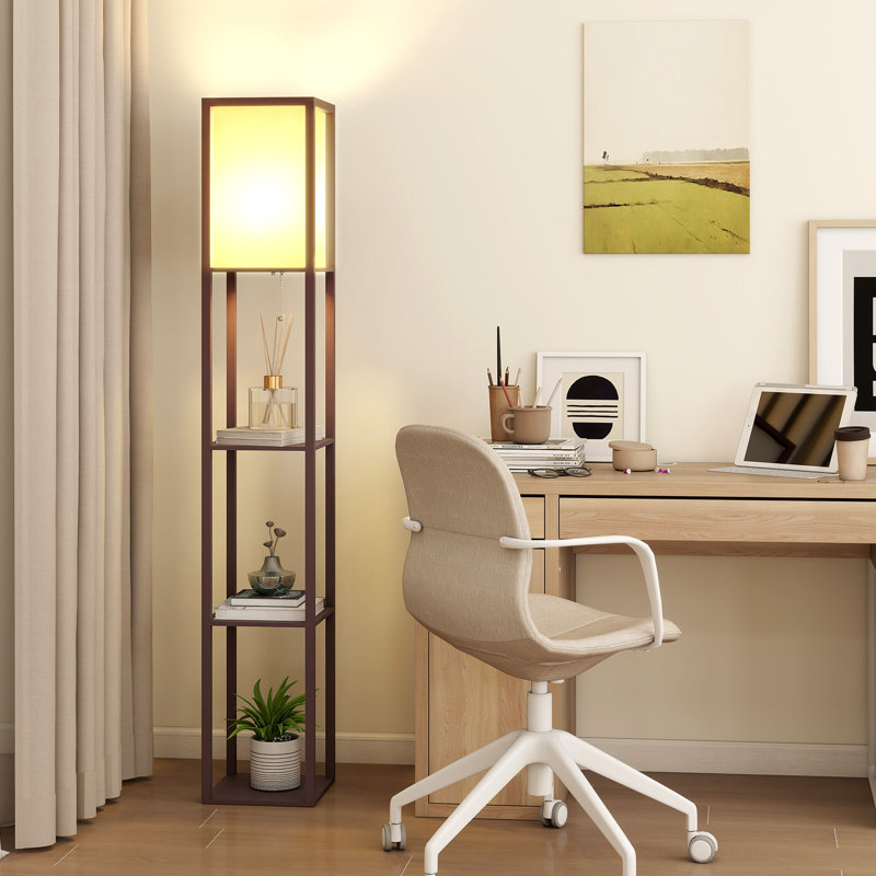 LED Shelf Floor Lamp, Wooden Reading Standing Light with Storage, Living Room Office, Brown