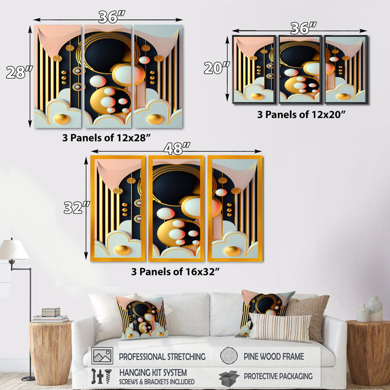 Golden Consciousness Rising I - 3 pièces sur toile, Toile encadrée noire, H 32 po x l 48 po x P 1 po
