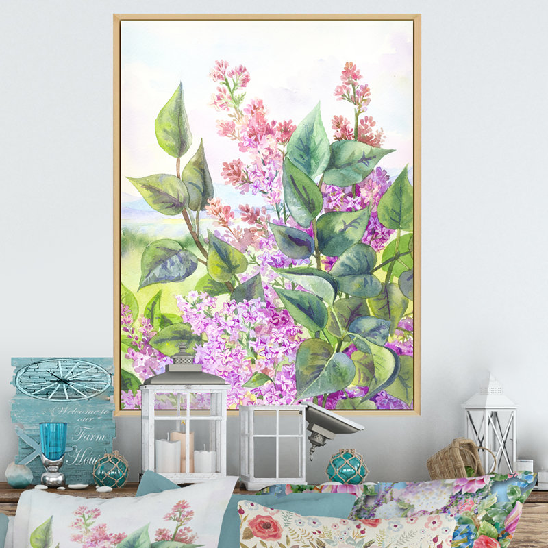 Fleurs de lilas mauves en fleurs - Art sur toile traditionnel, H 12 po x l 8 po x P 1 po, Cadre flottant brun