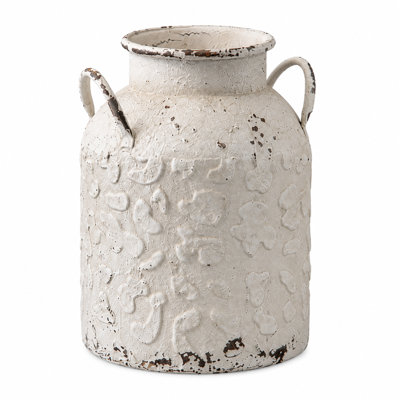 Vintage Distressed White Metal Vase with Embossed Texture