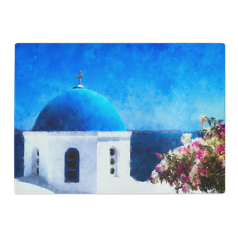 Tempered Glass Santorini Blue Domed Church Chopping Board, 20 cm x 28.5 cm
