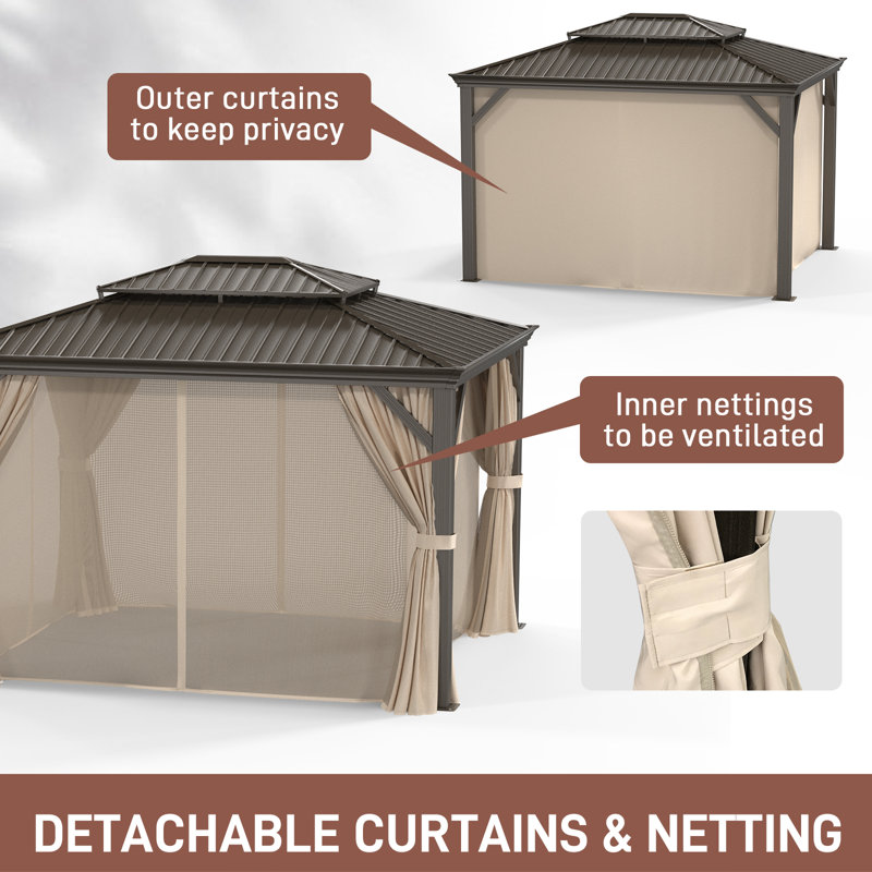 Double-Top 12 Ft. W x 10 Ft. D Hardtop Patio Gazebo with Polyester Curtains and Nettings