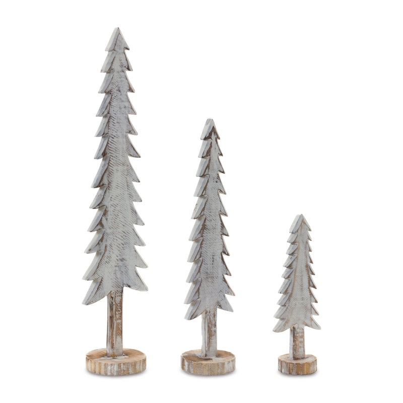 Wood Tabletop Pine Tree (Set of 3), White/Brown