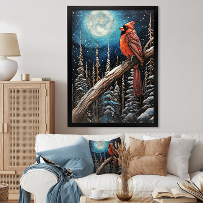 Red Cardinal Bird Under Full Moon I - Animals Bird Canvas Art Print