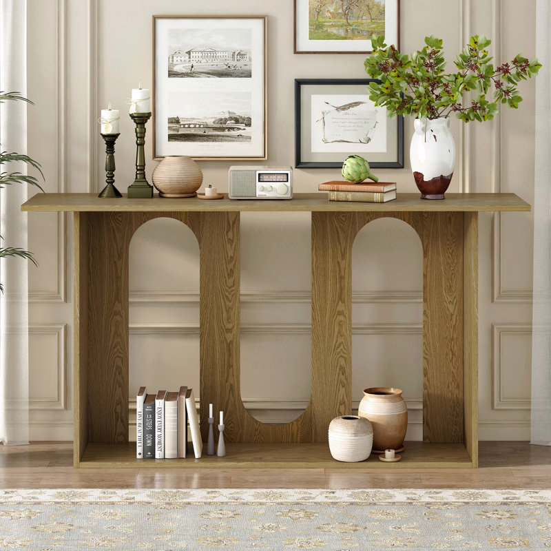 Modern Curved Ash Veneer Console Table With Shelf, Brown