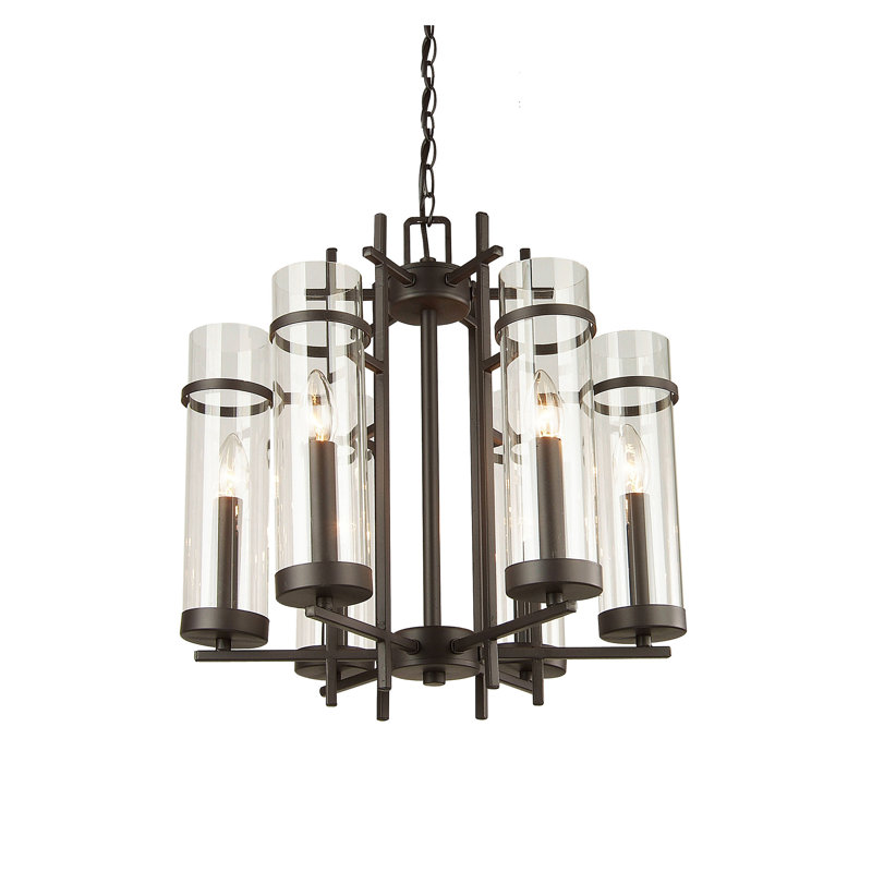 Lustre brun 6 lumières avec abat-jour en verre transparent