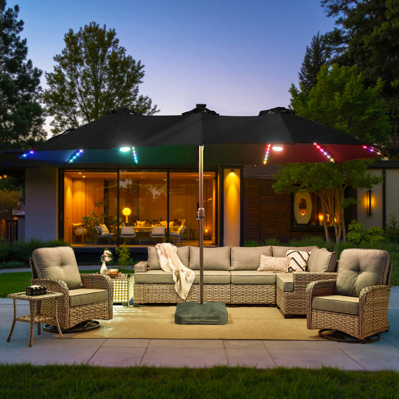 14.5 Ft x 8.5 Ft Rectangular Market Umbrella with Color-Changing Lights, App & Remote-Controlled Lighting, Includes Base