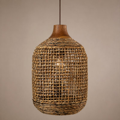 Luminaire suspendu naturel tissé à la main Serene 14 po x 14 po x 22 po avec décor en bois de teck pour les intérieurs modernes et organiques