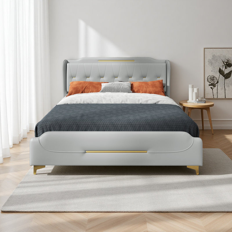 Leather Bed Frame With Wingback Headboard & Footboard,Solid Wooden Slats Support, Gray, Queen