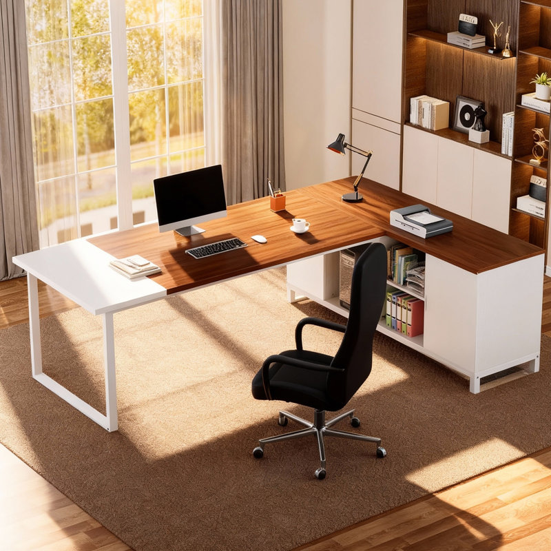 70.8" Industrial L-Shaped Desk with File Cabinet, Walnut/White
