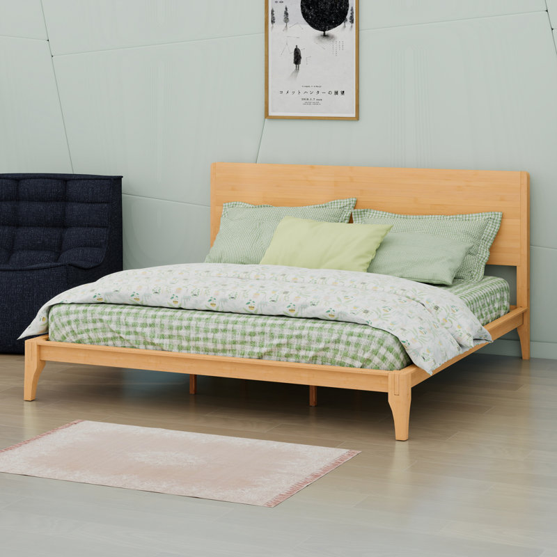 Lit plateforme en bois de bambou de style Mid-Century avec support en lattes de bois et métal, Très grand, Naturel