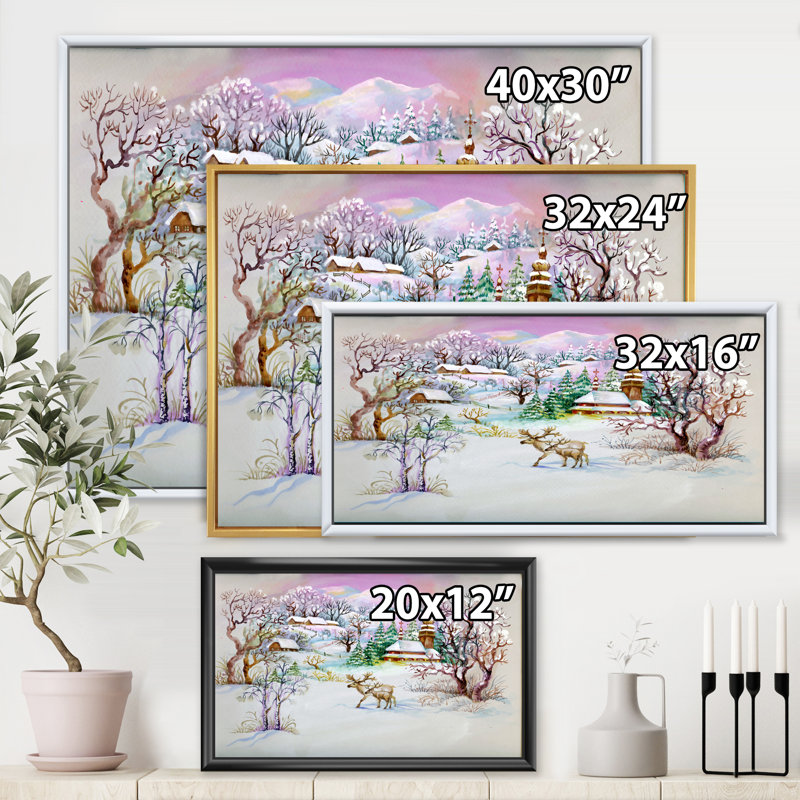 Winter Village Life - peinture sur toile, H 16 po x l 32 po x p 1 po, Toile blanche encadrée