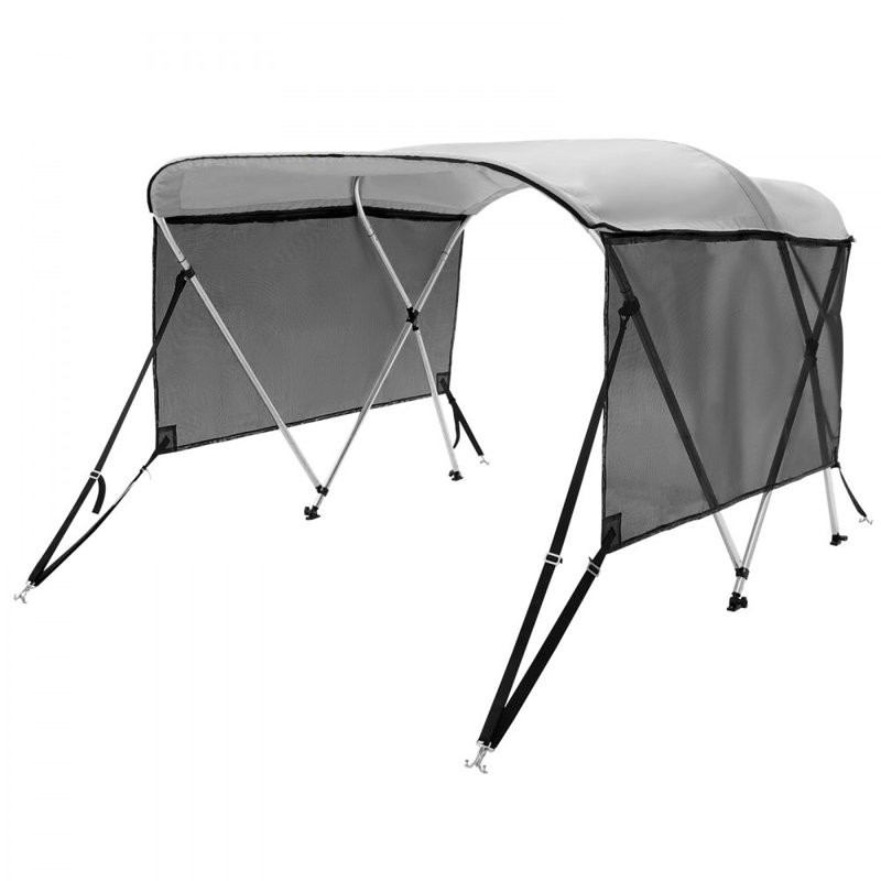 3 Bow Bimini Top Boat Cover, Detachable Mesh Sidewalls, 600D Polyester Canopy with 1" Aluminum Alloy Frame, Includes Storage Boot, 2 Support Poles, 2 Straps, 6'L x 46"H x 61"-66"W, Light Grey
