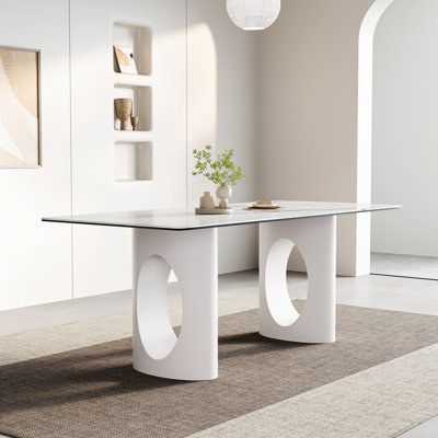 63" Stone Top Dining Table with Dual Oval Pedestal Metal Base, Seats 4-6
