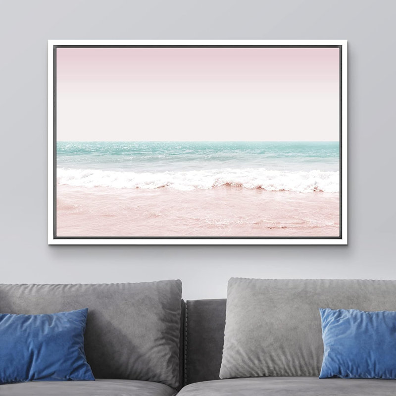 Plage côtière, rose, bleu sarcelle, vagues de l'océan, nature, paysage, illustrations, moderne, rustique, H 16 po x l 24 po
