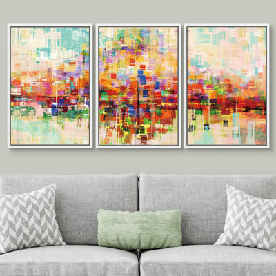 " Bright Colourful Abstract Buildings Block With Reflection Places Cityscape Painting Modern " 3 - Pieces
