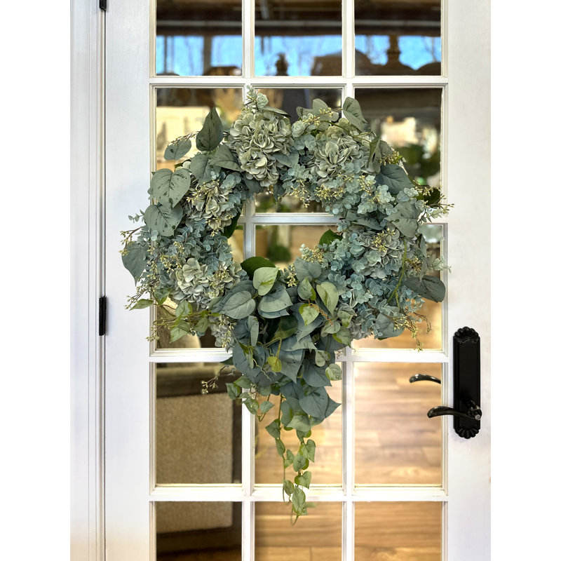 Fall Wreath with Frosted Pothos, Hydrangeas and Seeded Eucalyptus