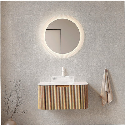 Meuble-lavabo de salle de bain de 30 po avec tiroir, lavabo de salle de bain à bords arrondis avec tiroirs, lavabo rond en verre transparent et plateau en pierre frittée Carrara blanc préassemblé, couleur grain de bois naturel