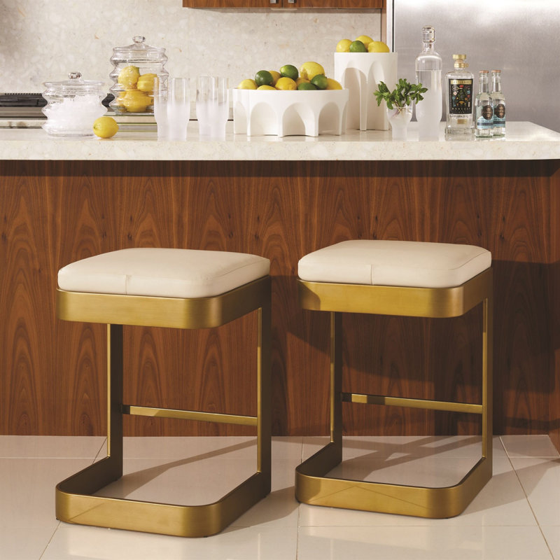 Regan Bar Stool w/Ivory Leather-Antique Brass, Graphite, Gray, Counter Stool ( 25" Seat Height )