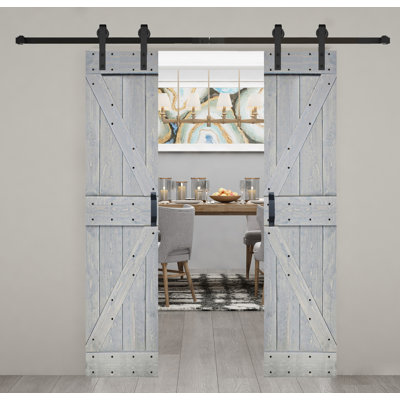 Porte de grange coulissante double en bois massif de style K avec ensemble de quincaillerie - Assemblage requis