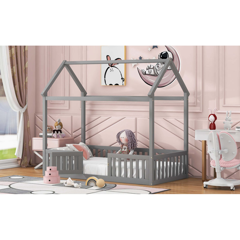 Lit simple en bois avec clôture et porte, gris, gris, Simple