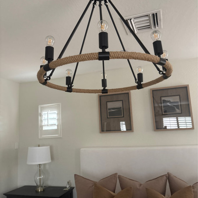 Orris 8 - Light 30"W Dimmable Farmhouse Wagon Wheel Chandelier Rustic Rope Round Fixture for Dining Living Kitchen Island Spaces - Black
