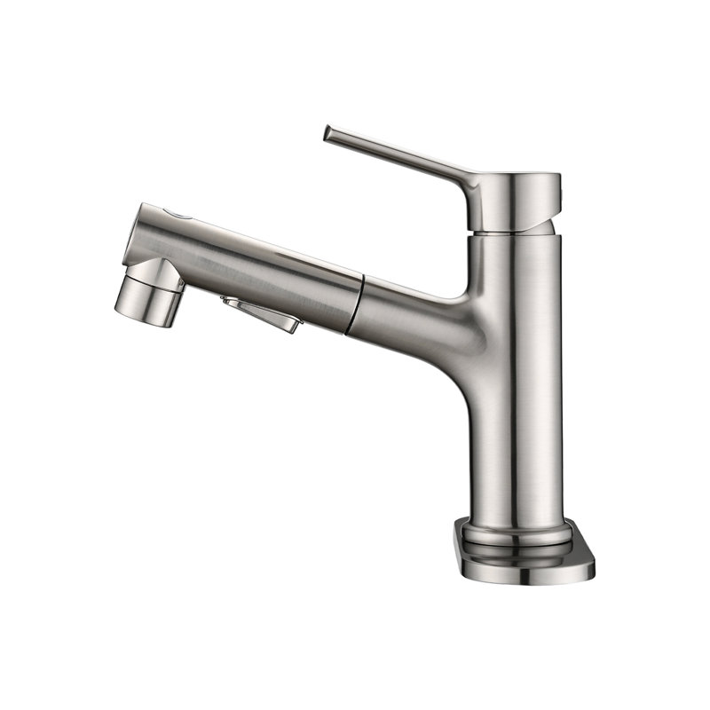 Robinet de salle de bain moderne avec douchette extractible, poignée simple, nickel brossé, bouchon de bonde escamotable et robinet de lavabo escamotable